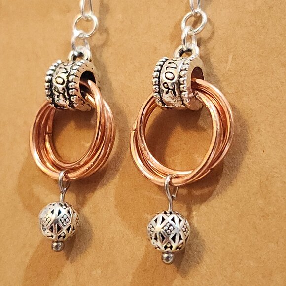 Artisan Crafted Bright Silver and Copper & Silver Spiral Chain Maile Earrings - Picture 5 of 10